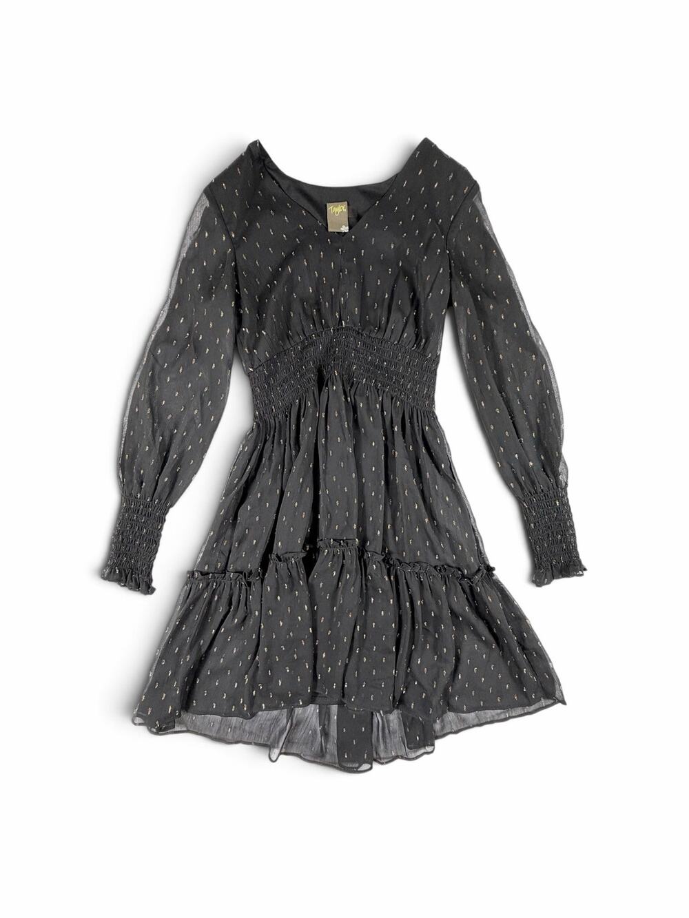 Taylor Women’s Metallic Dot Smocked Tiered Dress Black Size 4